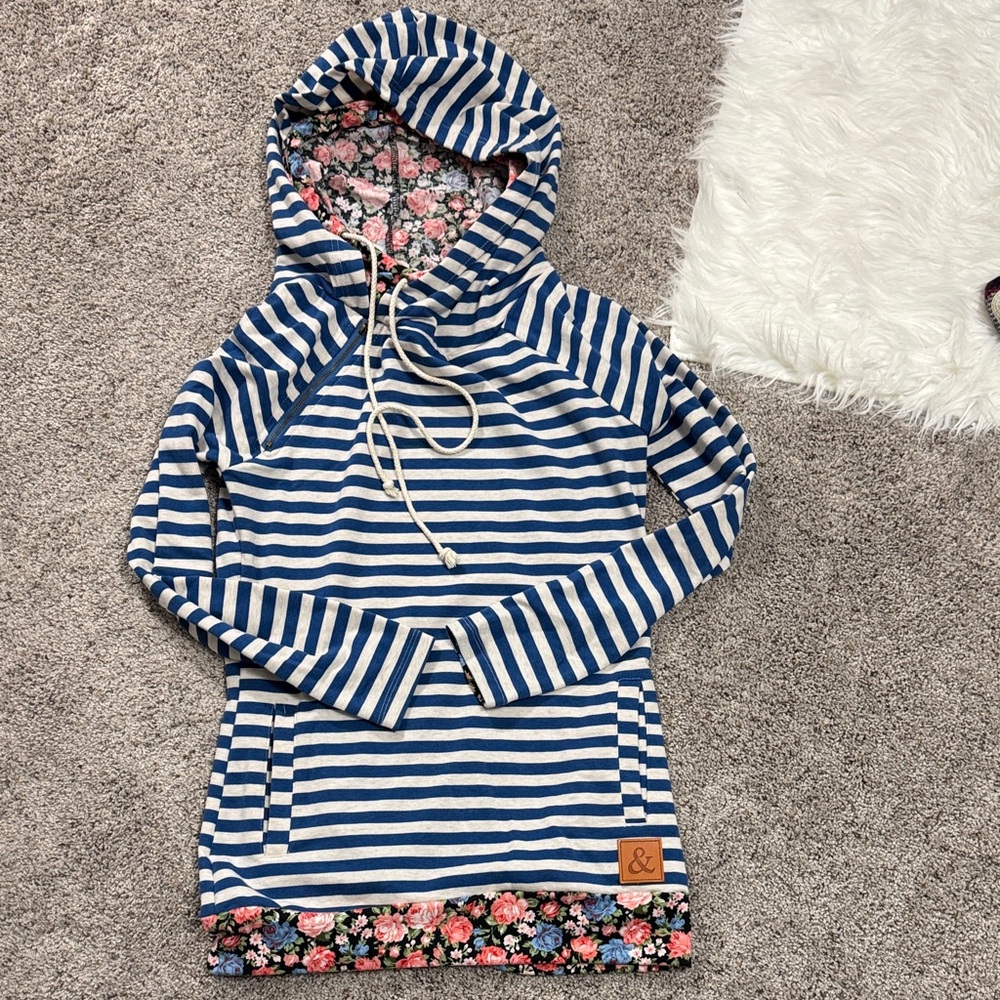 AMPERSAND AVE Blue and White Striped Hoodie with Floral Trim